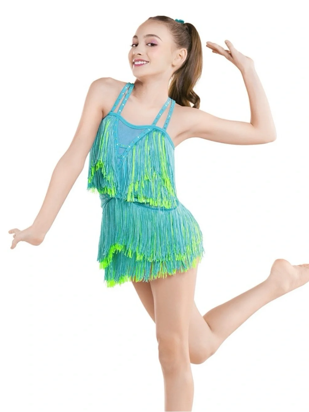 Girls Aqua & Lime Fringe Dance One-Piece